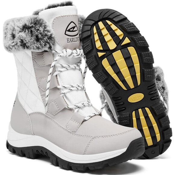 Shoes - Women’s White Waterproof Snow Boots Mid-Calf Faux Fur Lined Non-Slip